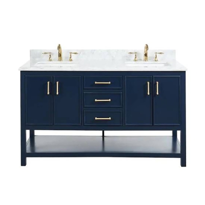 Solid Wood + Nature Marble Modern Blue Bathroom Vanity 30 Inch With 3 drewers and 4 doors